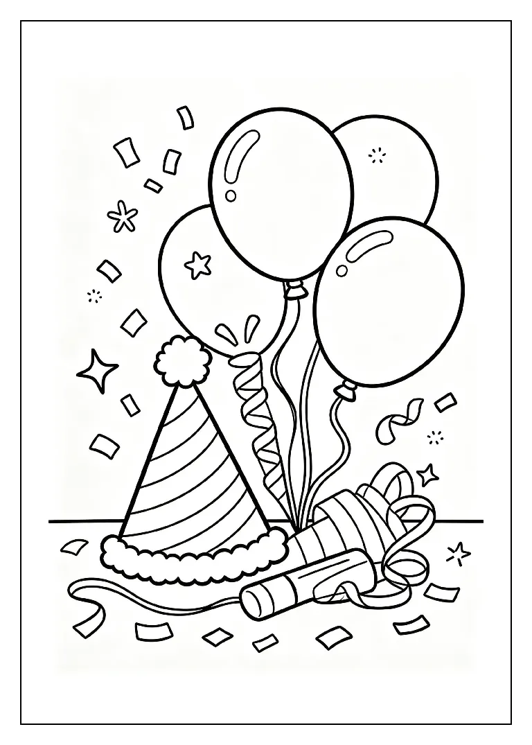 Party Hat and Noisemaker Set coloring page, black outline drawing ready to print