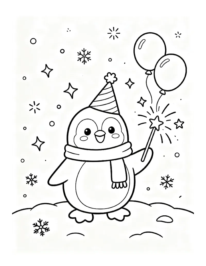 Penguin With a Sparkler in the Snow coloring page, black outline drawing ready to print