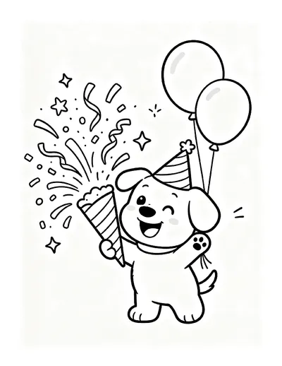 Happy Puppy Popping a Party Popper coloring page