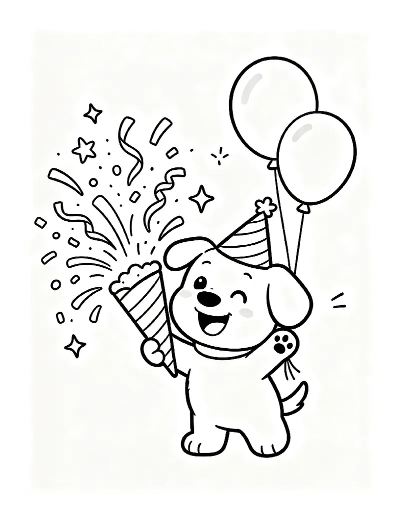 Happy Puppy Popping a Party Popper coloring page, black outline drawing ready to print