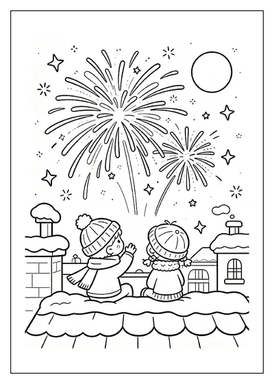 Snowy Rooftop Celebration Under Fireworks coloring page