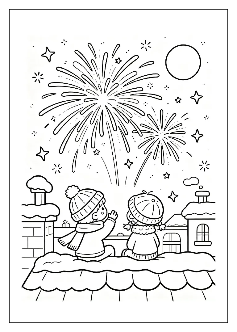 Snowy Rooftop Celebration Under Fireworks coloring page, black outline drawing ready to print