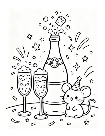 Sparkling Juice Bottle With a Popping Cork and a Cute Mouse coloring page