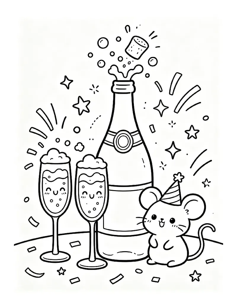 Sparkling Juice Bottle With a Popping Cork and a Cute Mouse coloring page, black outline drawing ready to print