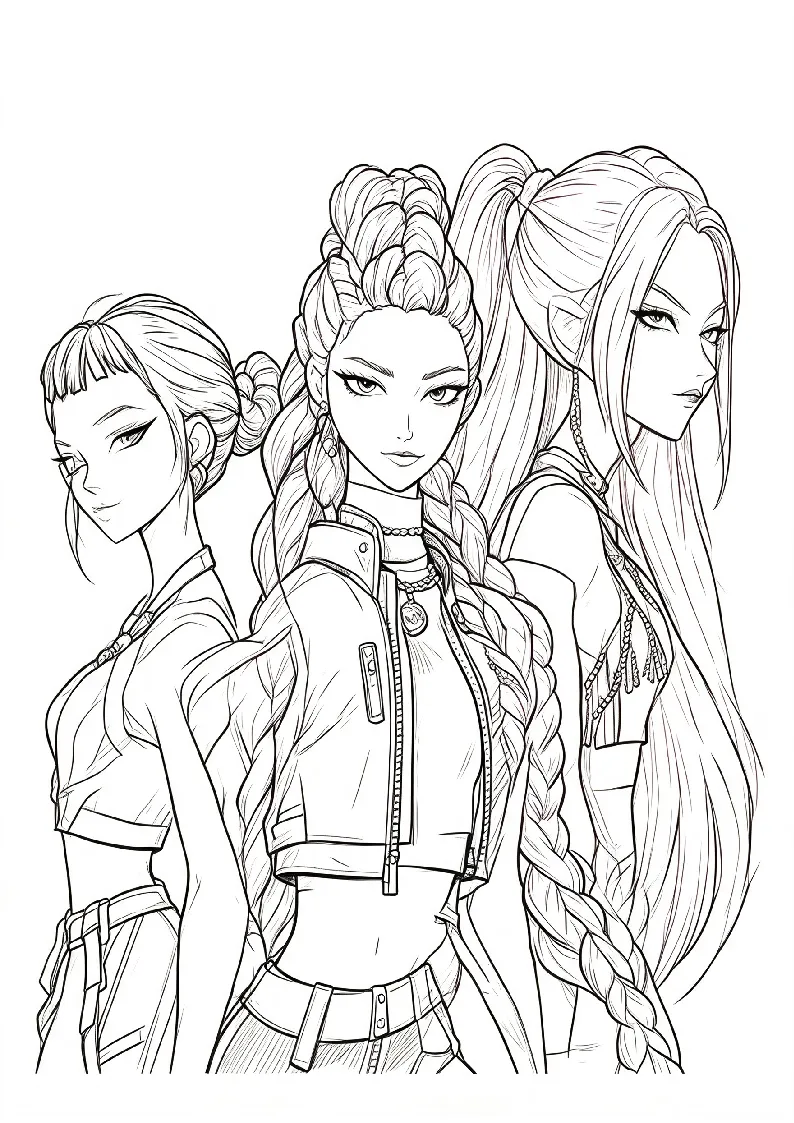 Rumi and Friends Warrior Portrait coloring page, black outline drawing ready to print