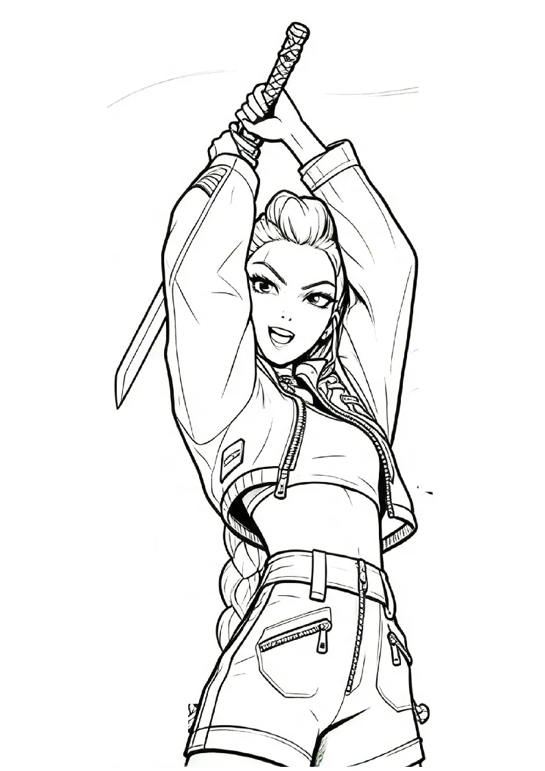 Rumi Raises Her Demon Sword coloring page, black outline drawing ready to print