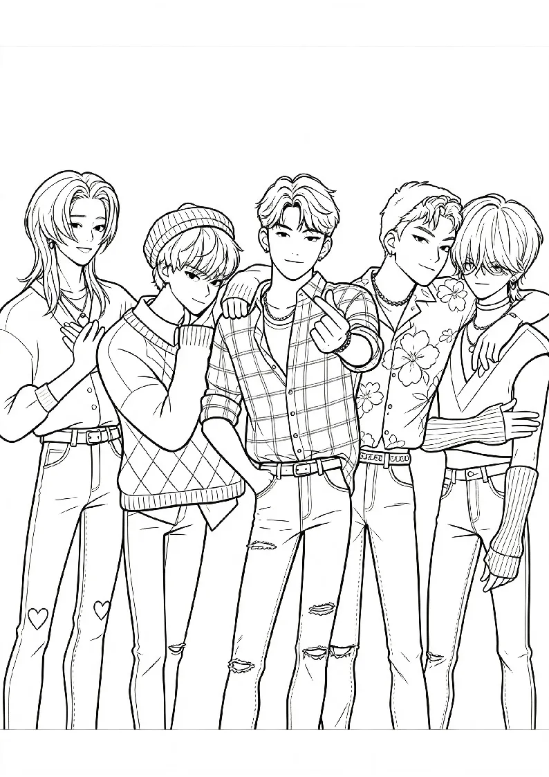 Saja Boys Casual Fashion Portrait coloring page, black outline drawing ready to print
