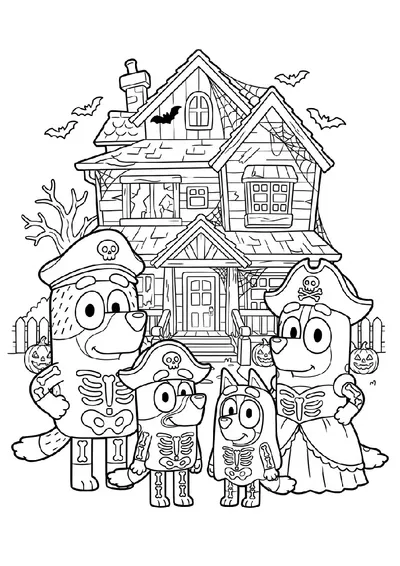 Skeleton Costumes at the Haunted House coloring page