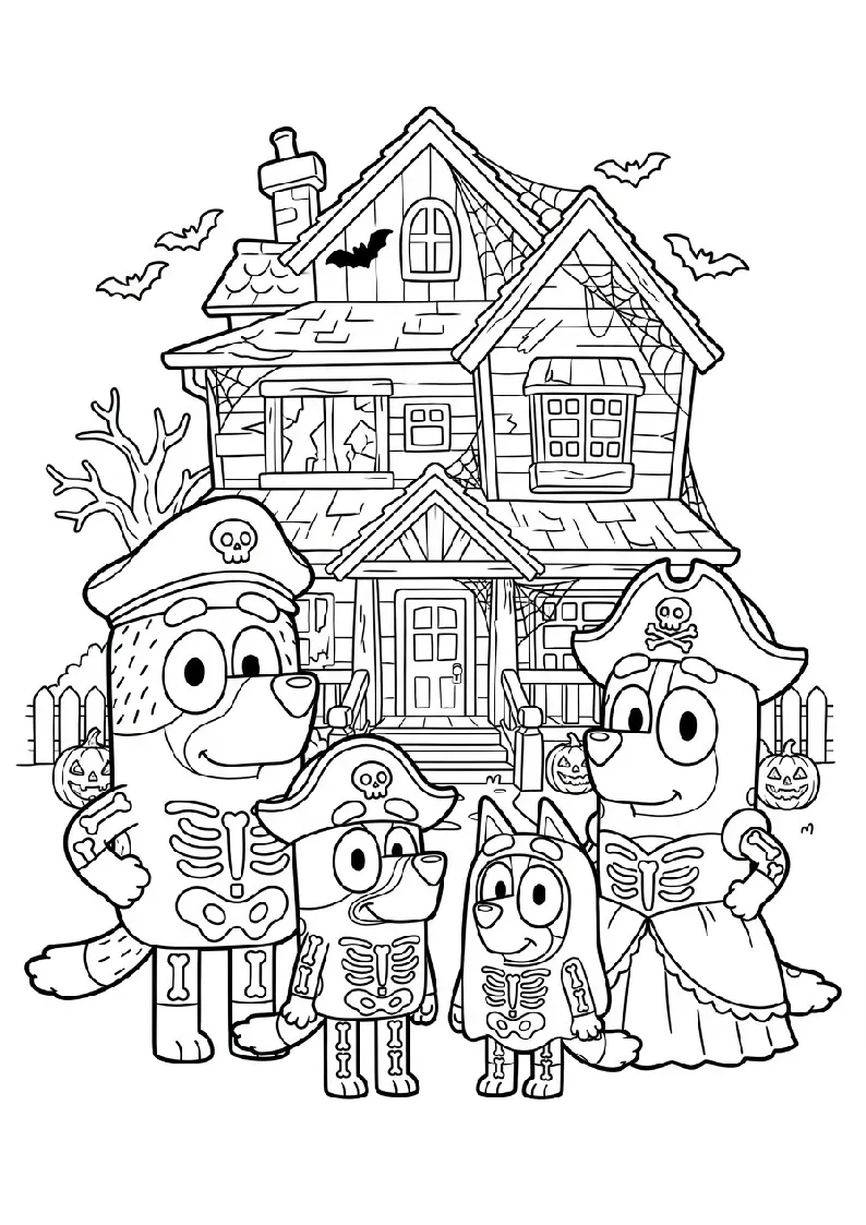 Skeleton Costumes at the Haunted House coloring page, black outline drawing ready to print
