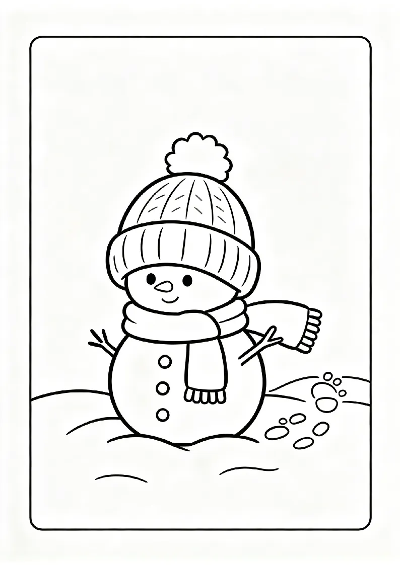 Baby Snowman with a Knitted Hat coloring page, black outline drawing ready to print