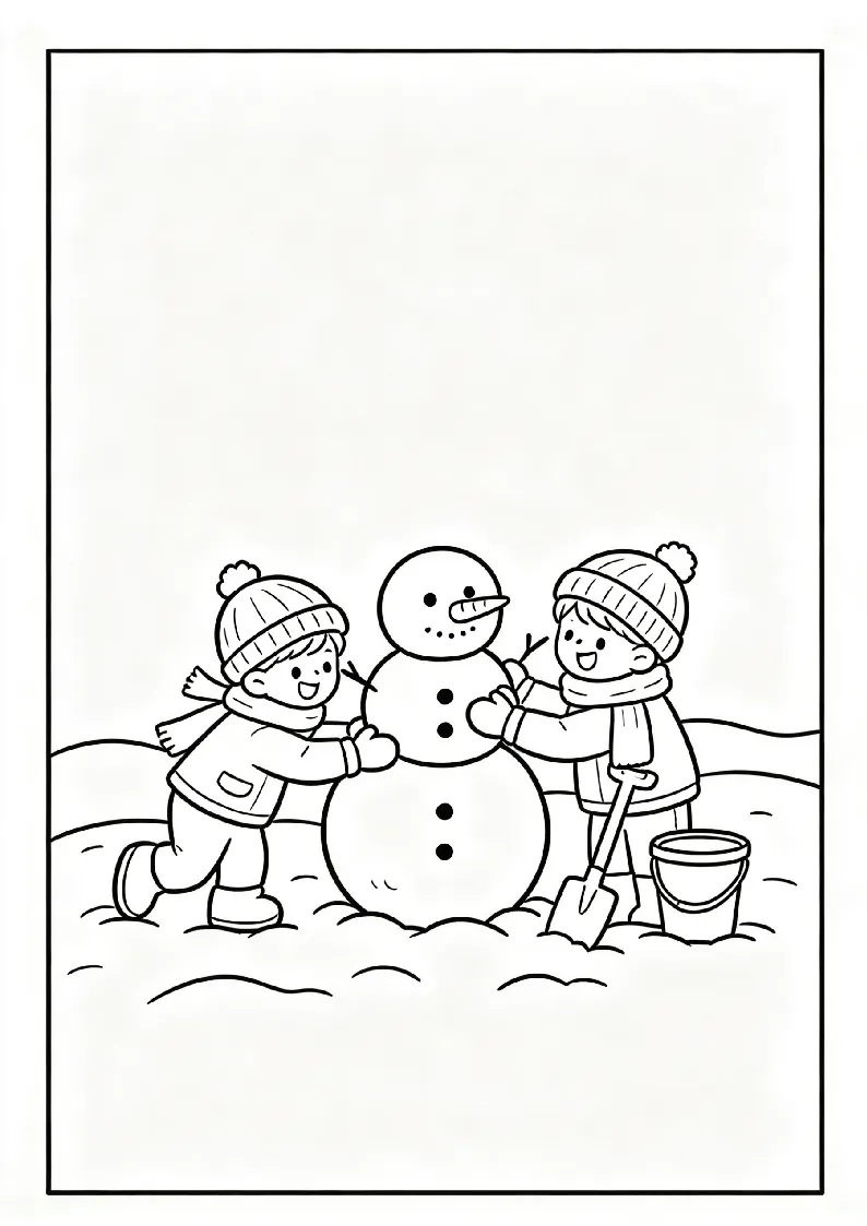 Snowman Building Kids in the Snow coloring page, black outline drawing ready to print