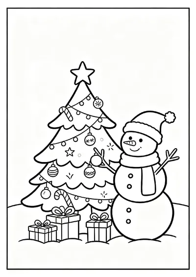 Snowman Decorating a Christmas Tree coloring page