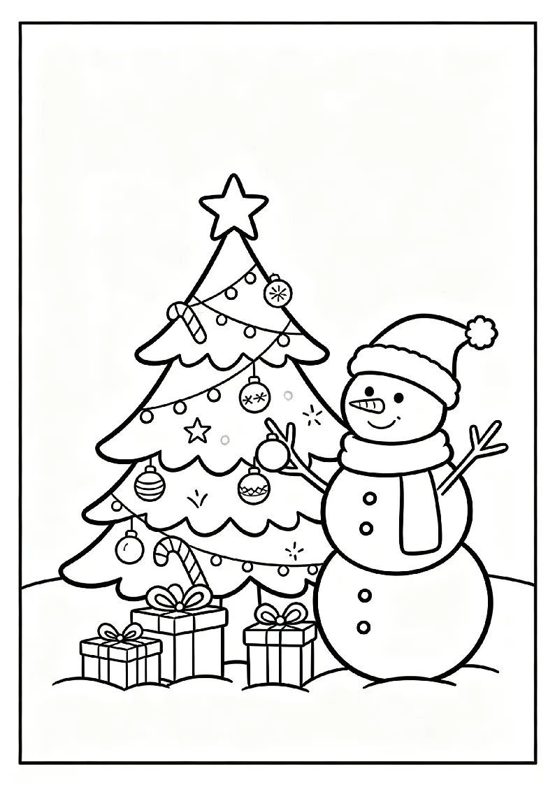 Snowman Decorating a Christmas Tree coloring page, black outline drawing ready to print