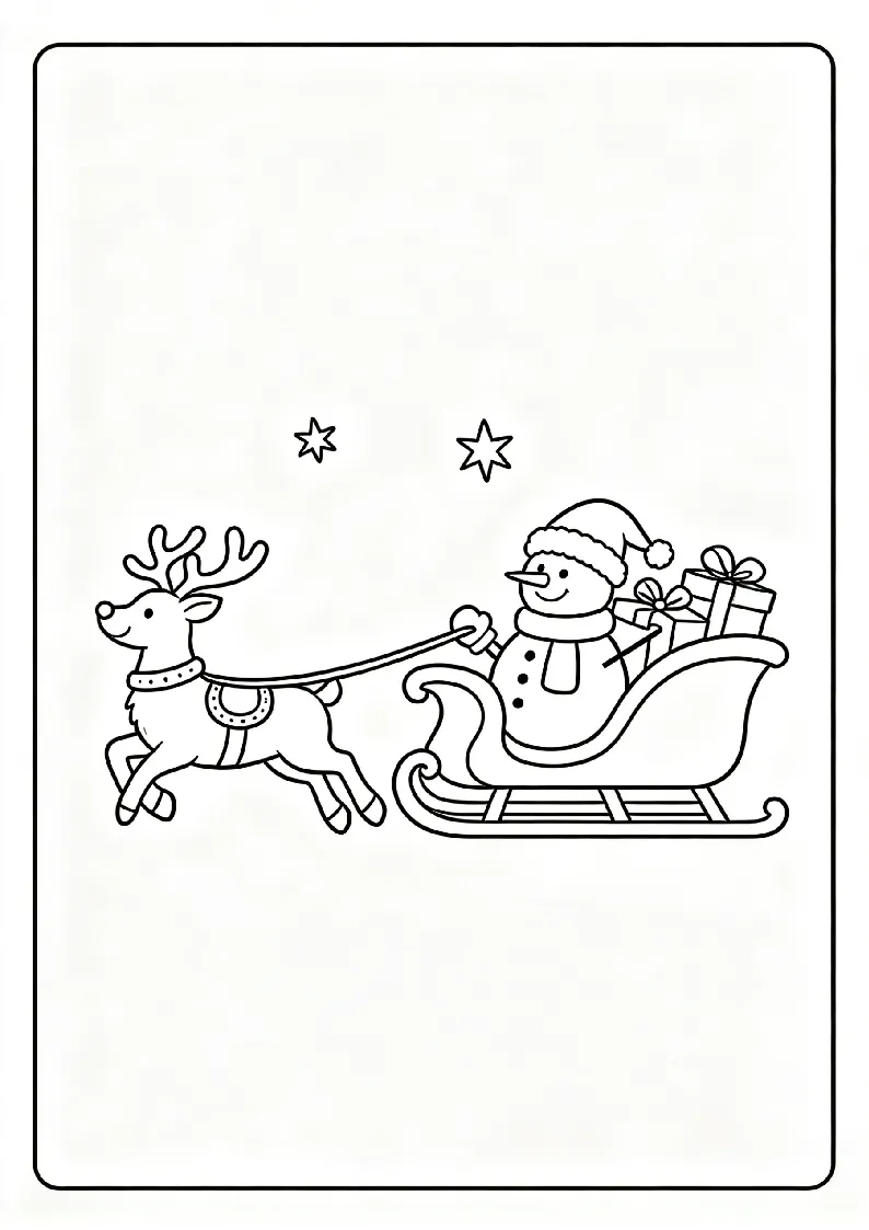 Snowman Delivering Presents on a Sleigh coloring page, black outline drawing ready to print