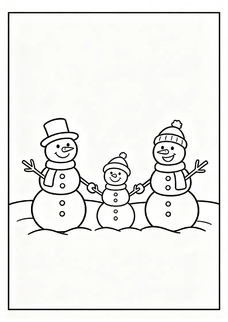 Snowman Family Holding Twig Hands coloring page, black outline drawing ready to print