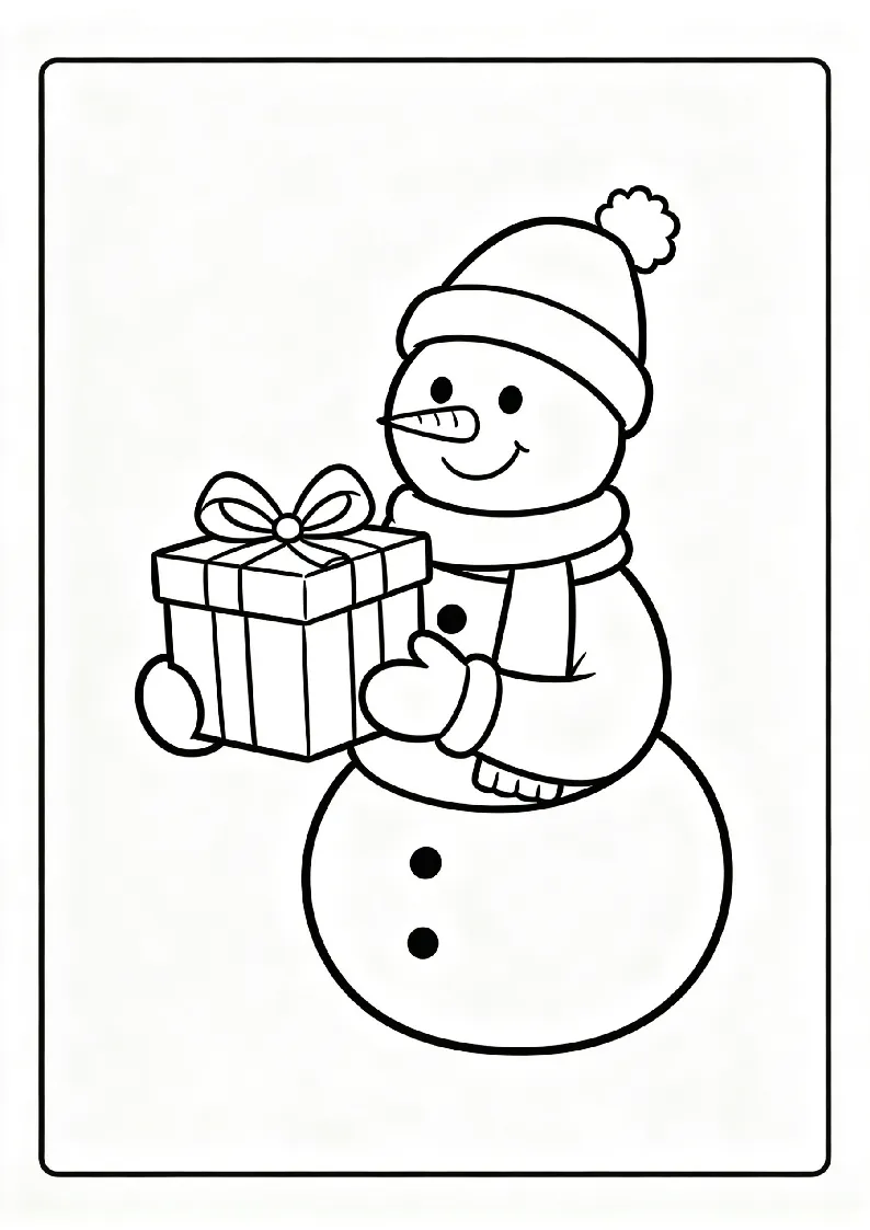 Snowman Giving a Wrapped Gift coloring page, black outline drawing ready to print