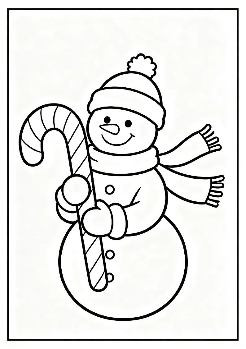 Snowman Holding a Candy Cane coloring page, black outline drawing ready to print