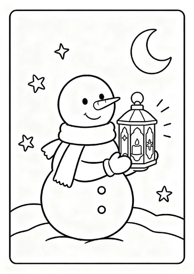 Snowman Holding a Lantern at Night coloring page