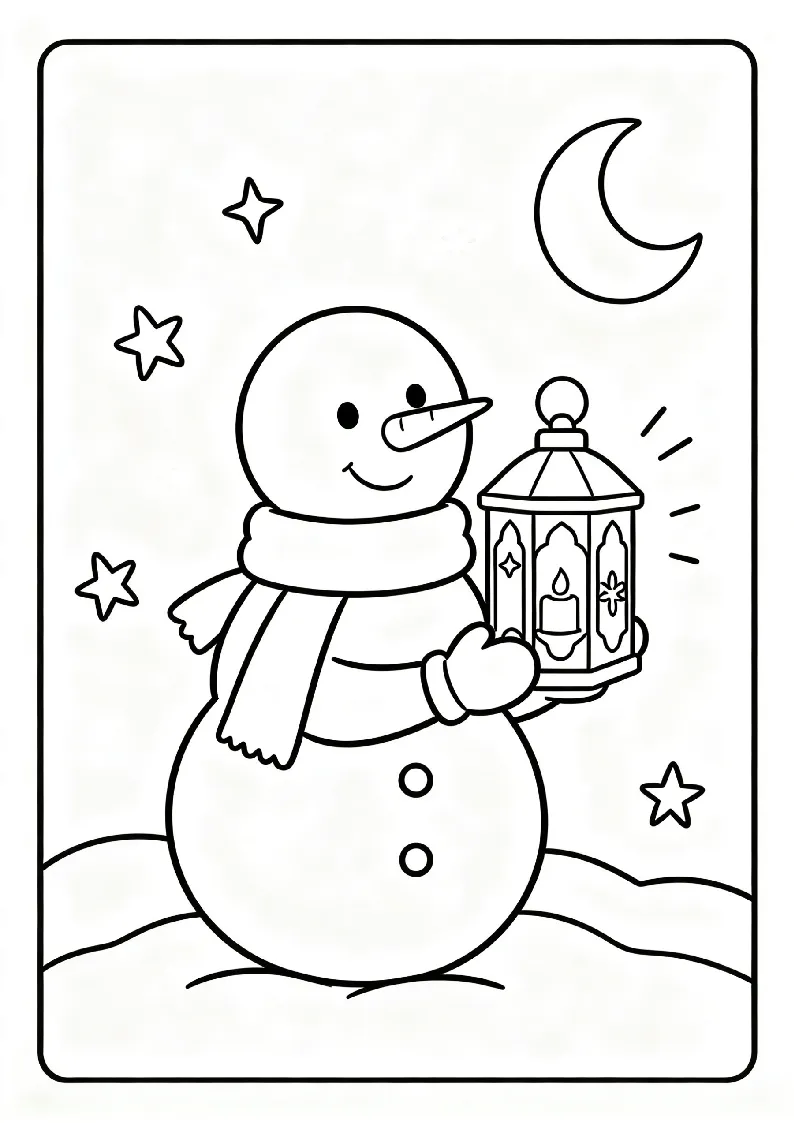 Snowman Holding a Lantern at Night coloring page, black outline drawing ready to print
