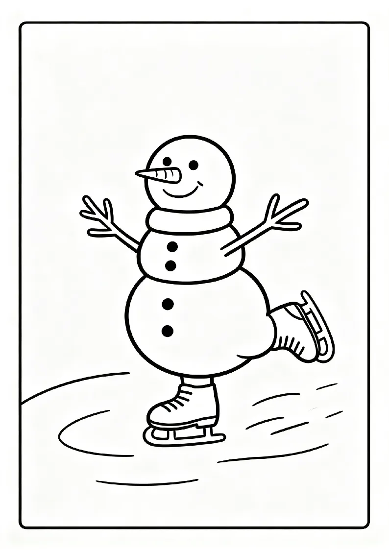 Snowman Ice Skating on a Frozen Pond coloring page, black outline drawing ready to print