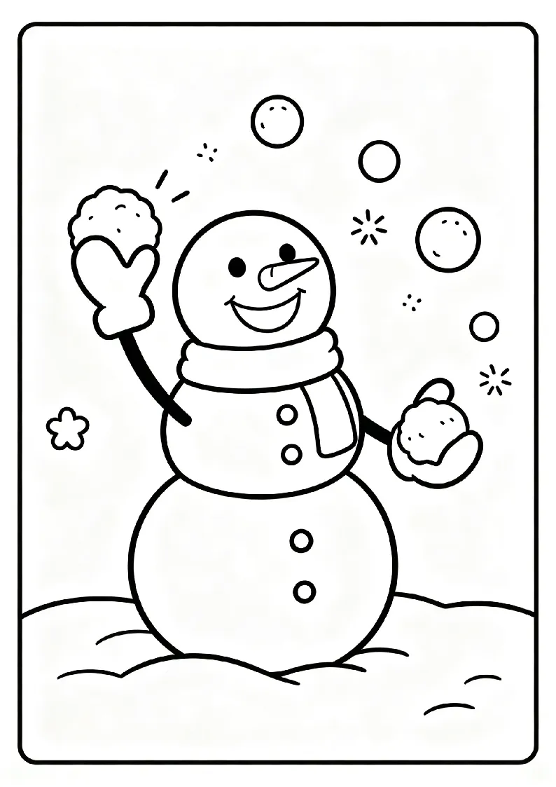 Snowman Joining a Snowball Fight coloring page, black outline drawing ready to print