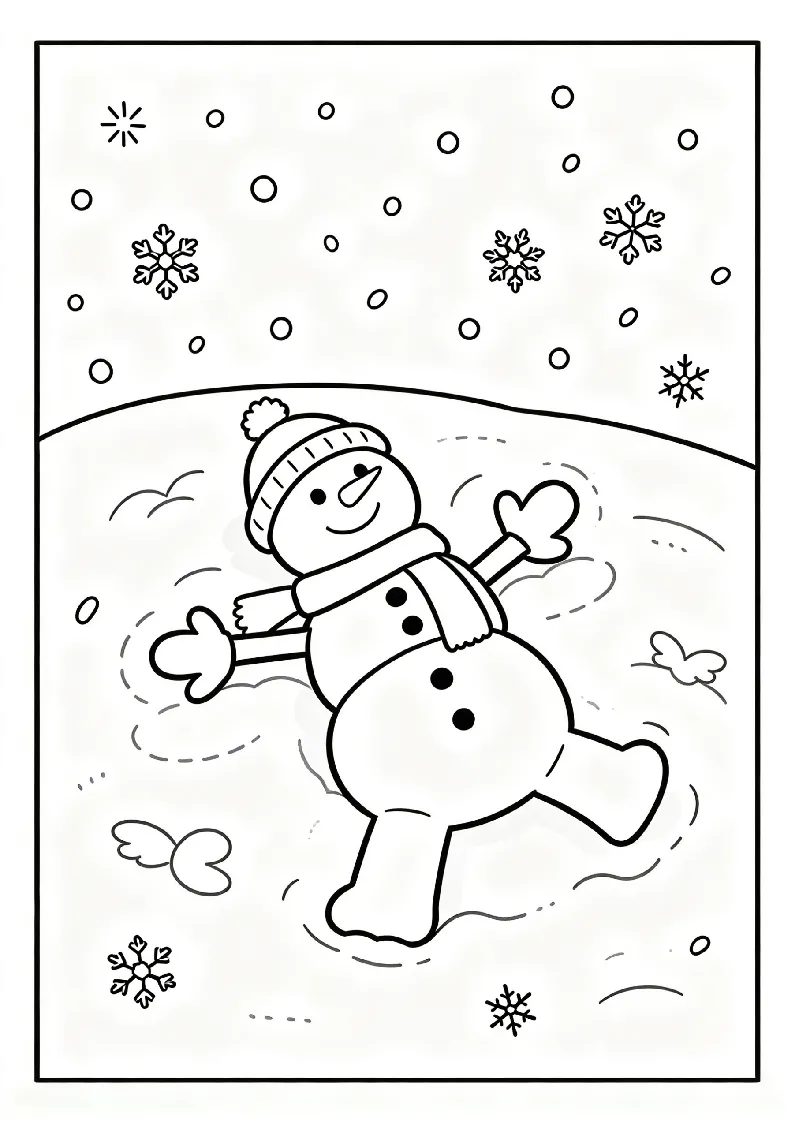 Snowman Making Snow Angels coloring page, black outline drawing ready to print