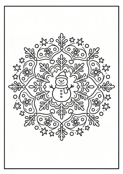 Snowman Mandala with Snowflakes and Stars coloring page