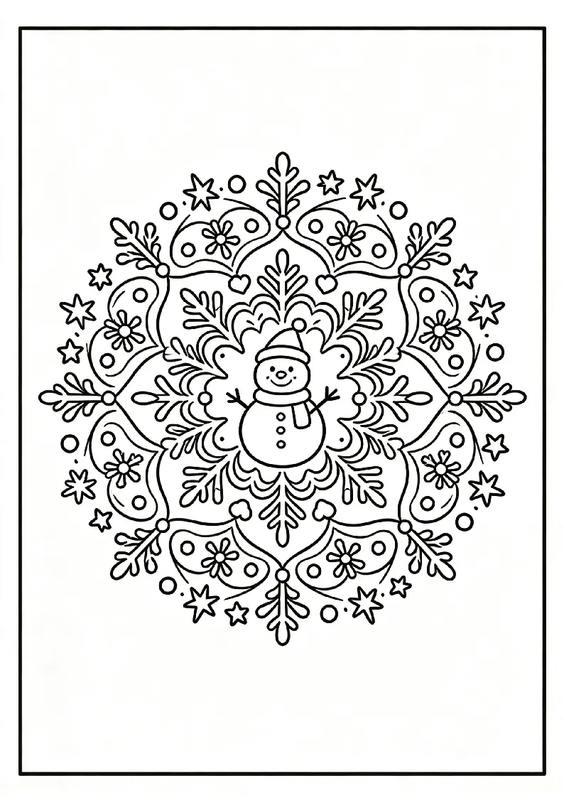 Snowman Mandala with Snowflakes and Stars coloring page, black outline drawing ready to print