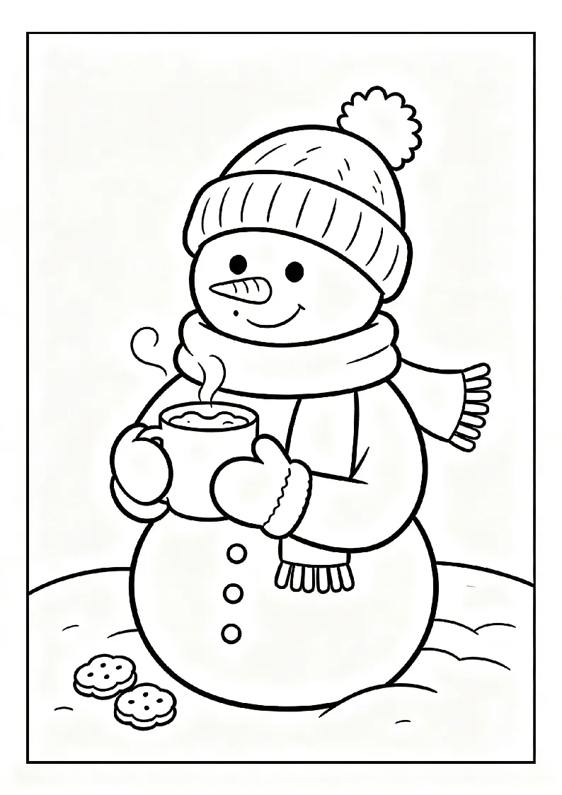 Snowman Sipping Hot Cocoa coloring page, black outline drawing ready to print
