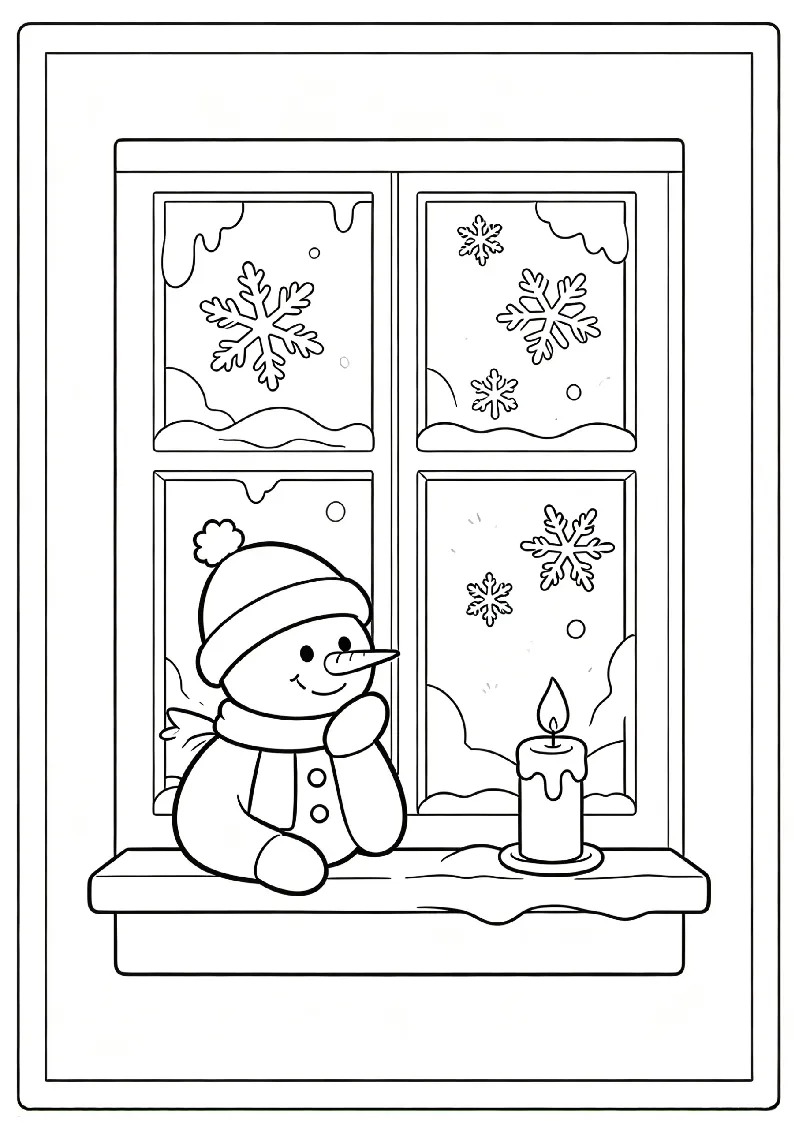 Snowman Sitting by a Frosty Window coloring page, black outline drawing ready to print