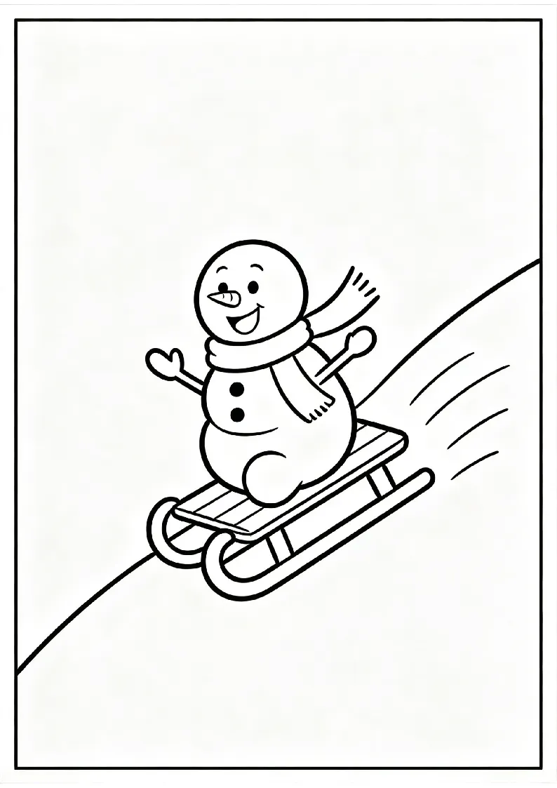 Snowman Sledding Down a Hill coloring page, black outline drawing ready to print