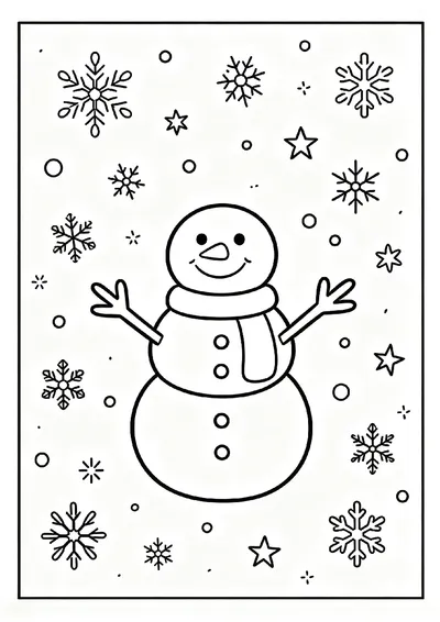 Snowman Surrounded by Falling Snowflakes coloring page