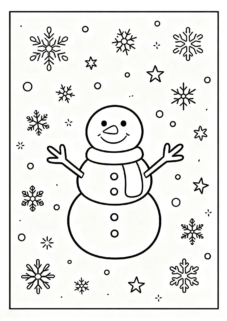 Snowman Surrounded by Falling Snowflakes coloring page, black outline drawing ready to print