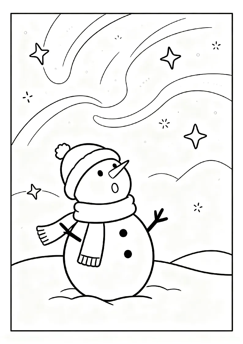 Snowman Under the Northern Lights coloring page, black outline drawing ready to print