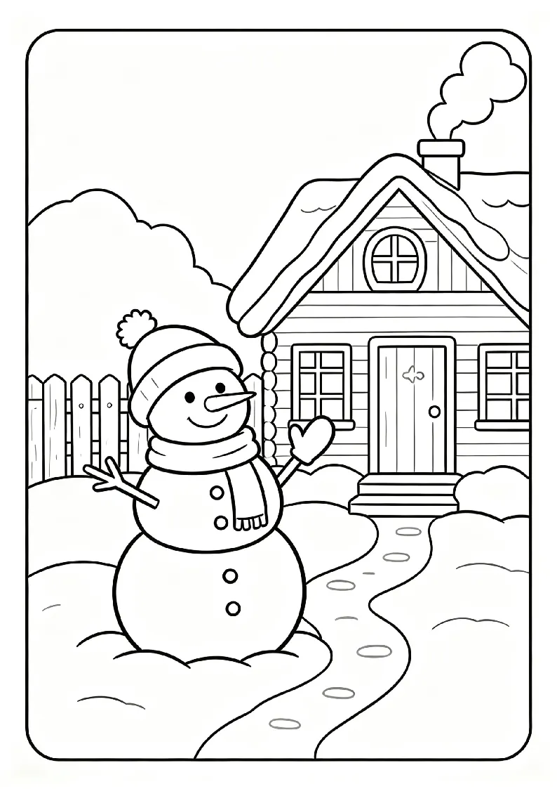 Snowman Waving from a Snowy Cottage Yard coloring page, black outline drawing ready to print