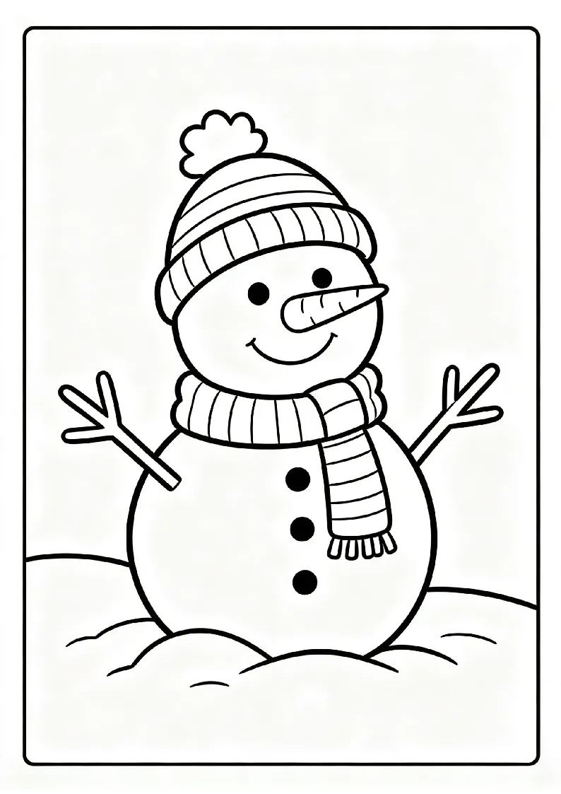 Snowman Wearing a Striped Scarf coloring page, black outline drawing ready to print