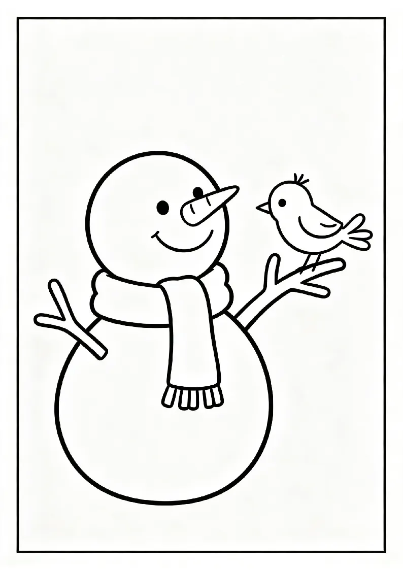 Snowman with a Bird Perched on His Arm coloring page, black outline drawing ready to print