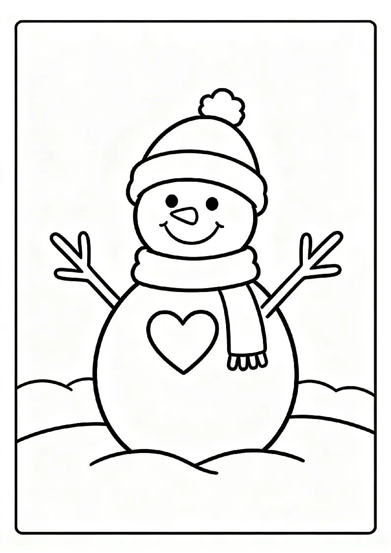 Snowman with a Heart on His Chest coloring page, black outline drawing ready to print