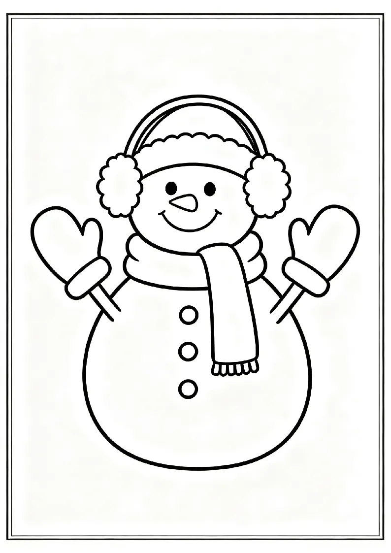 Snowman with Earmuffs and Mittens coloring page, black outline drawing ready to print