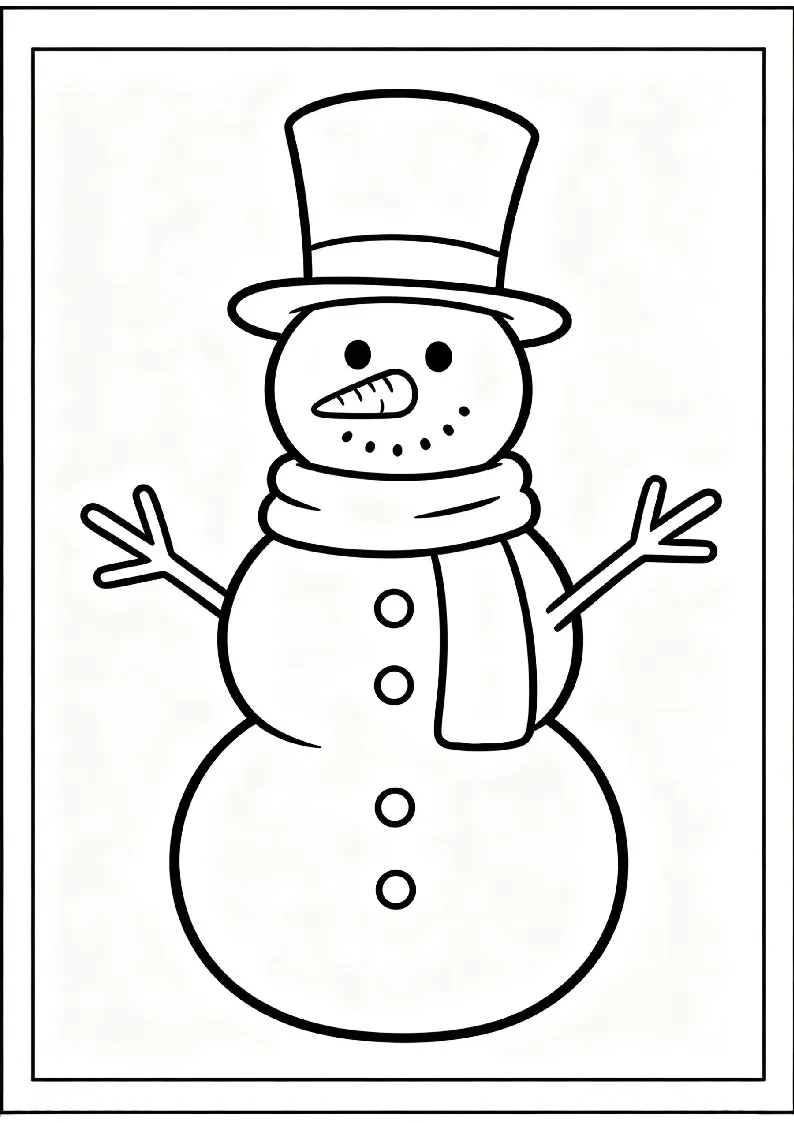 Snowman with Top Hat and Carrot Nose coloring page, black outline drawing ready to print