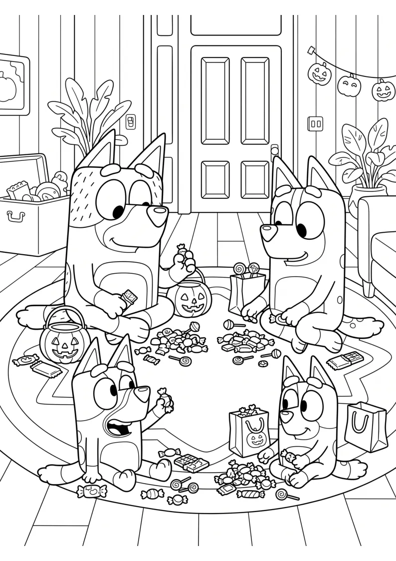 Sorting Halloween Candy with the Family coloring page, black outline drawing ready to print
