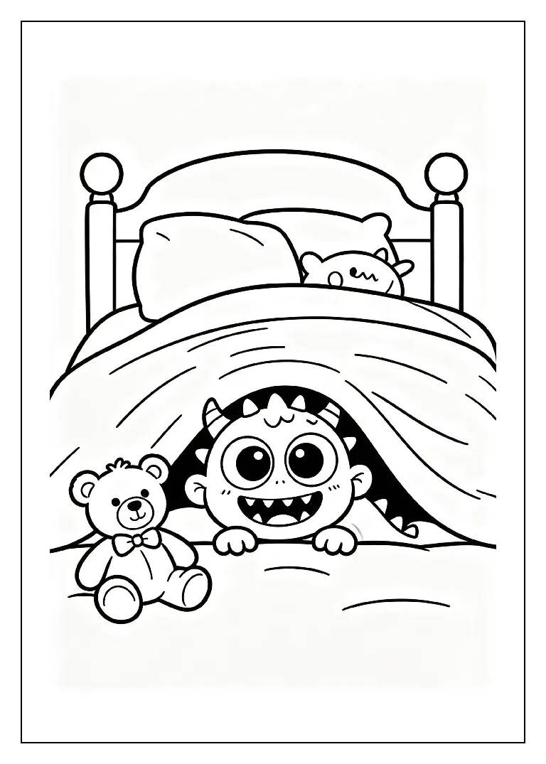 Baby Monster Peeking from Under the Bed coloring page, black outline drawing ready to print