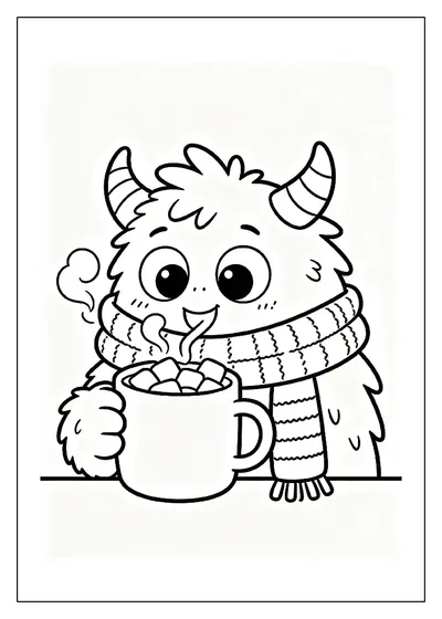 Furry Monster Sipping Hot Cocoa coloring page