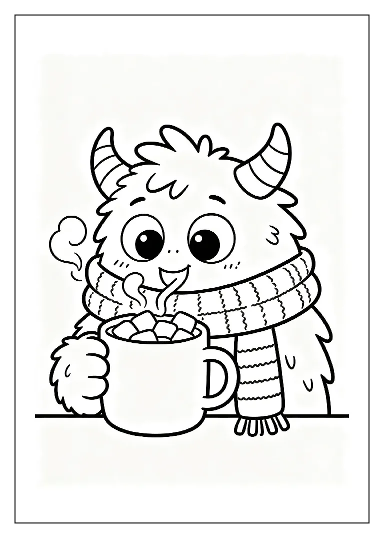 Furry Monster Sipping Hot Cocoa coloring page, black outline drawing ready to print