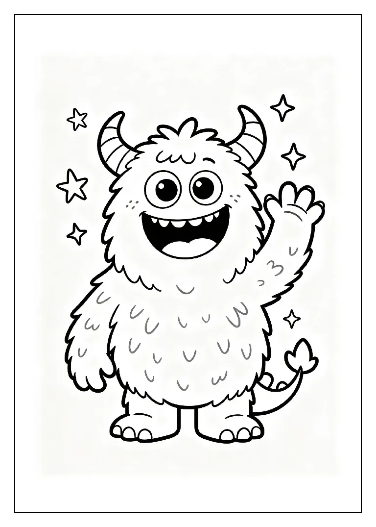 Fuzzy Monster Waving Hello coloring page, black outline drawing ready to print