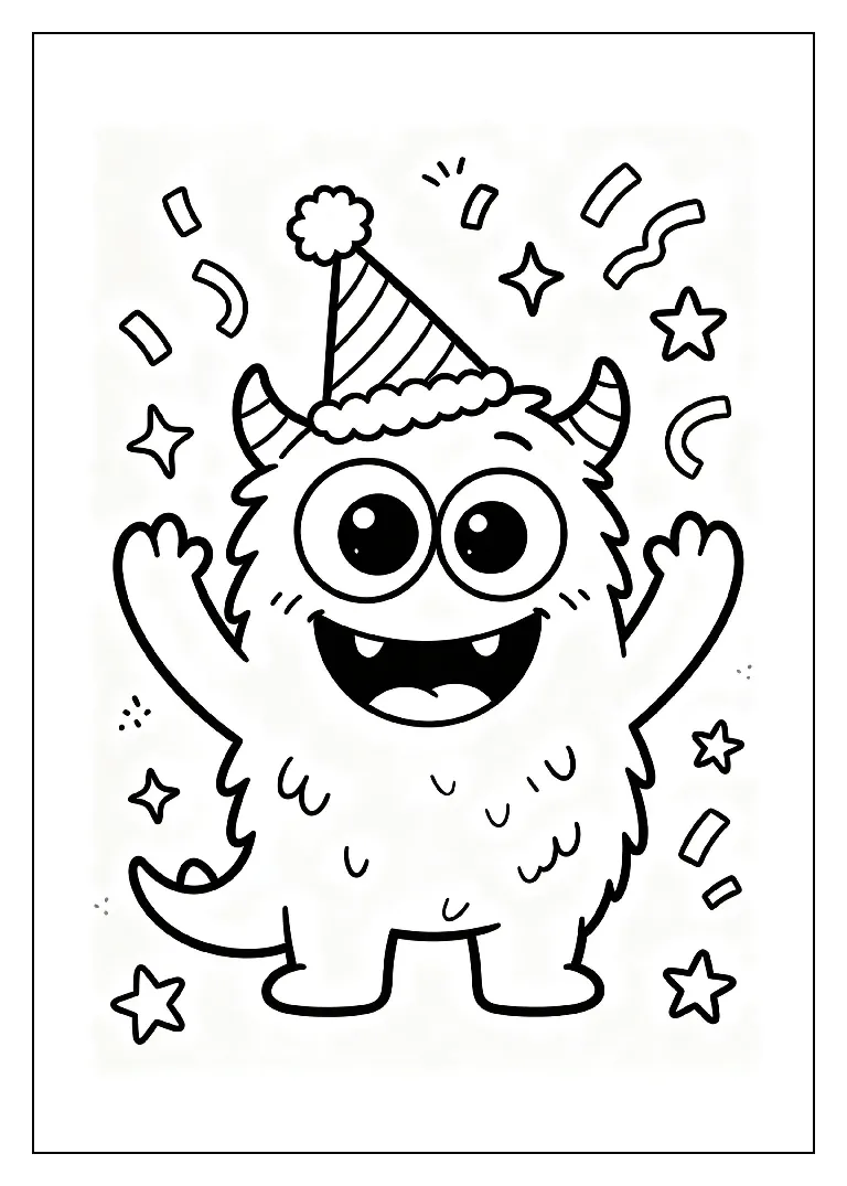 Googly-Eyed Monster Wearing a Party Hat coloring page, black outline drawing ready to print