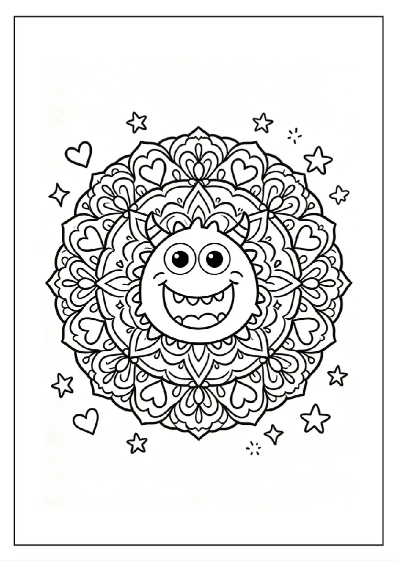 Happy Monster Mandala with Hearts and Stars coloring page, black outline drawing ready to print