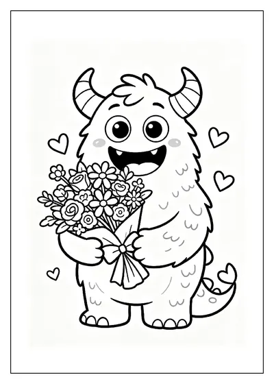 Horned Monster Holding a Bouquet of Flowers coloring page