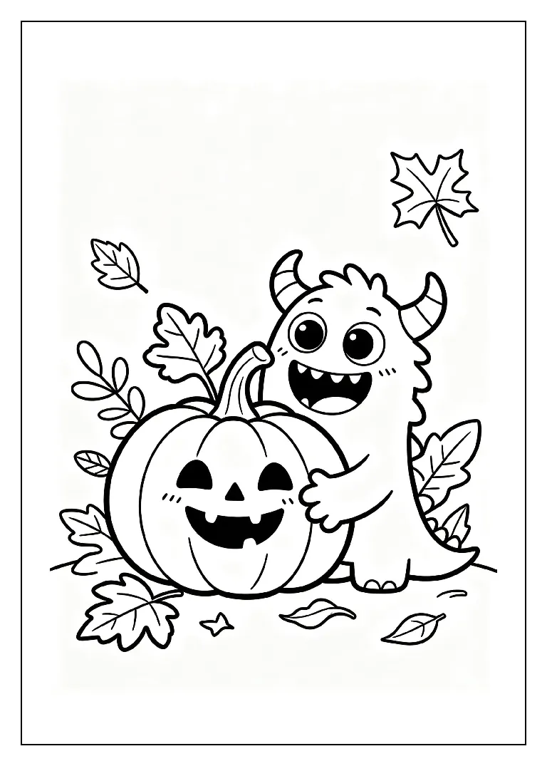 Little Monster Hugging a Pumpkin coloring page, black outline drawing ready to print