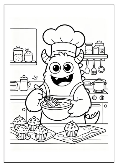 Monster Baking Cupcakes in the Kitchen coloring page